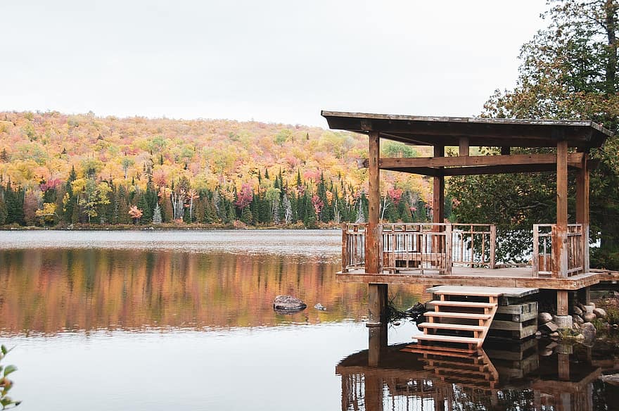 湖、カナダ、風景、自然、ケベック、木、色、地平線
