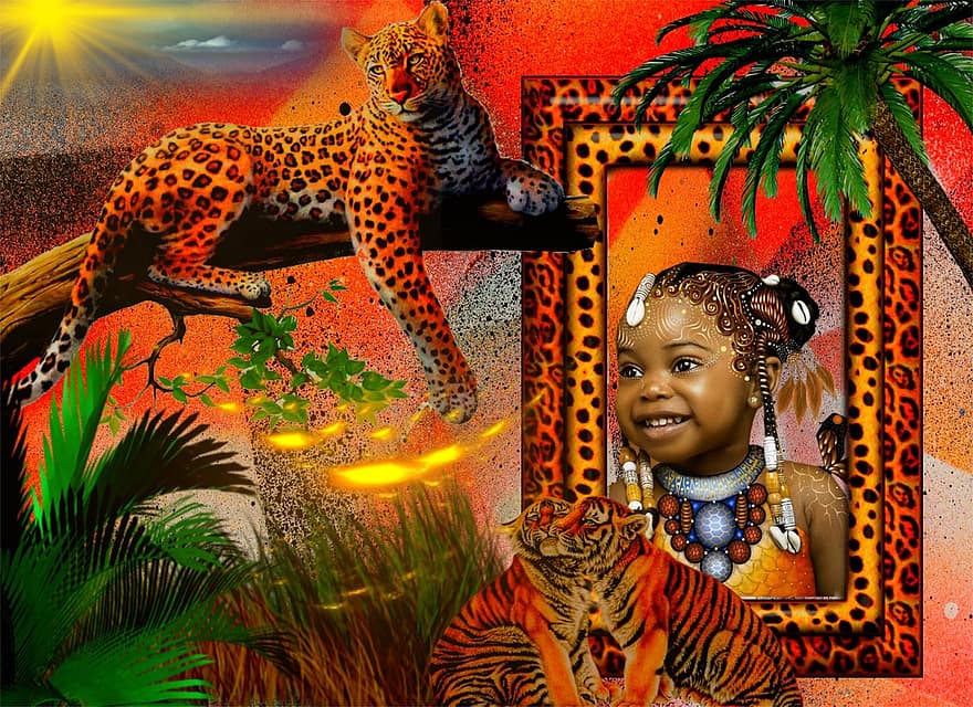 Àfrica, nen, retrat, tacat, guepard, gat no domesticat, felí, nit, animals a la natura, somrient, pluja tropical