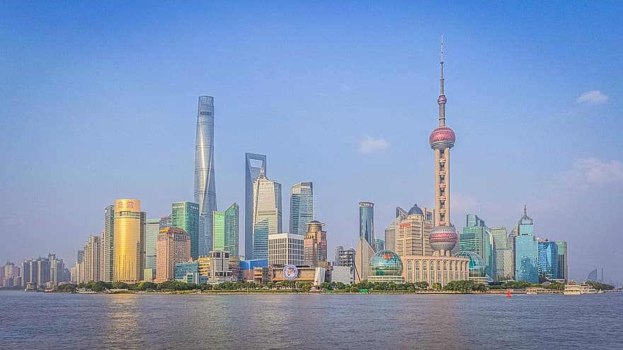 Šanhaja, Ķīna, pilsēta, arhitektūra, ēka, Āzija, debesskrāpis, pilsētas ainava, horizonts, ķīniešu, upe