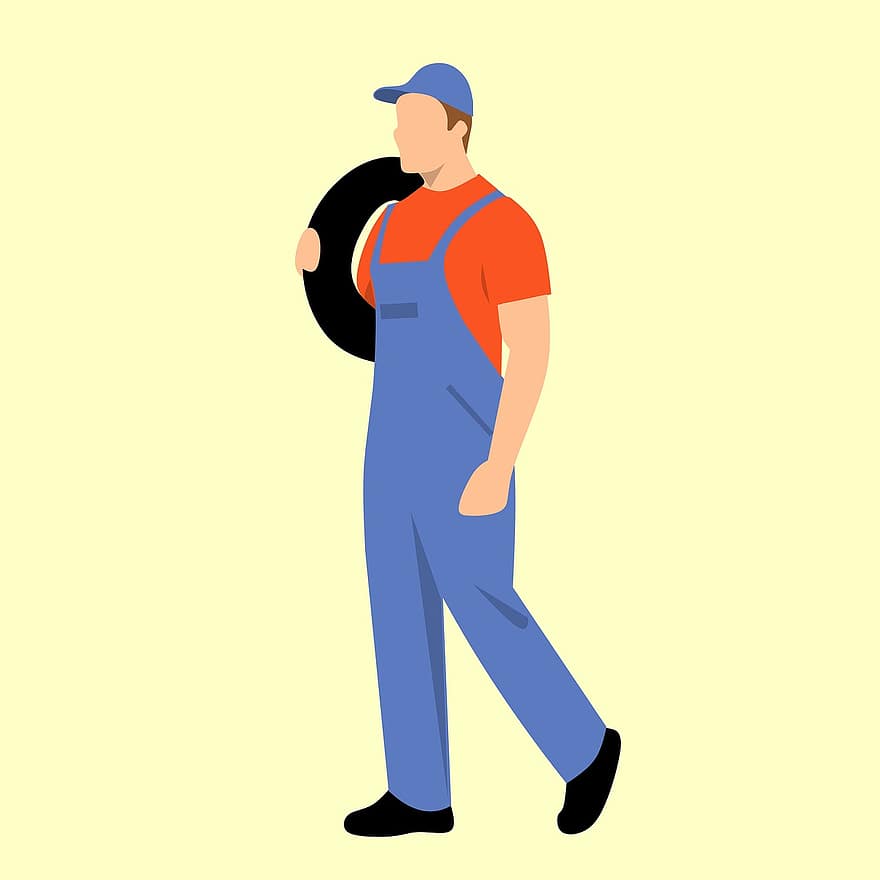 Mechanic, Carrying A Tire, Isolated, Man, Carrying, Caucasian, Craft, Dungarees, Engineer, Expression, Guy