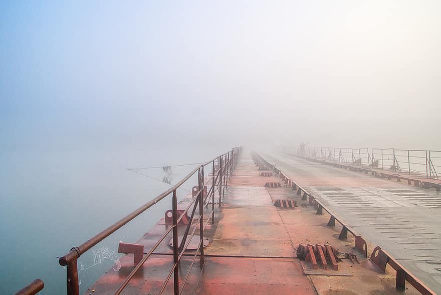 мост, мъгла, сутрин, пейзаж, река, есен, Сибир, вода, син, стомана, точка на изчезване