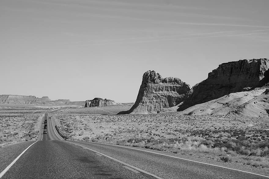 Road, Highway, Trip, Journey, Vacation, Desert, Badlands, Cars, Road Trip, Black And White, Monochrome