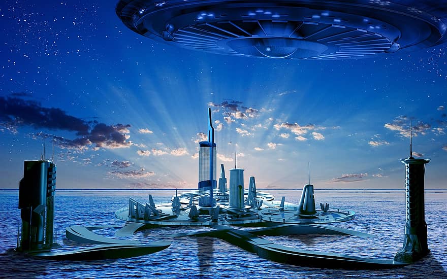 tulevaisuus, kaupunki, meri, saari, auringonlasku, hämärä, fantasia, tieteiskirjallisuus, avaruusalus, tarina, merenkulkualus