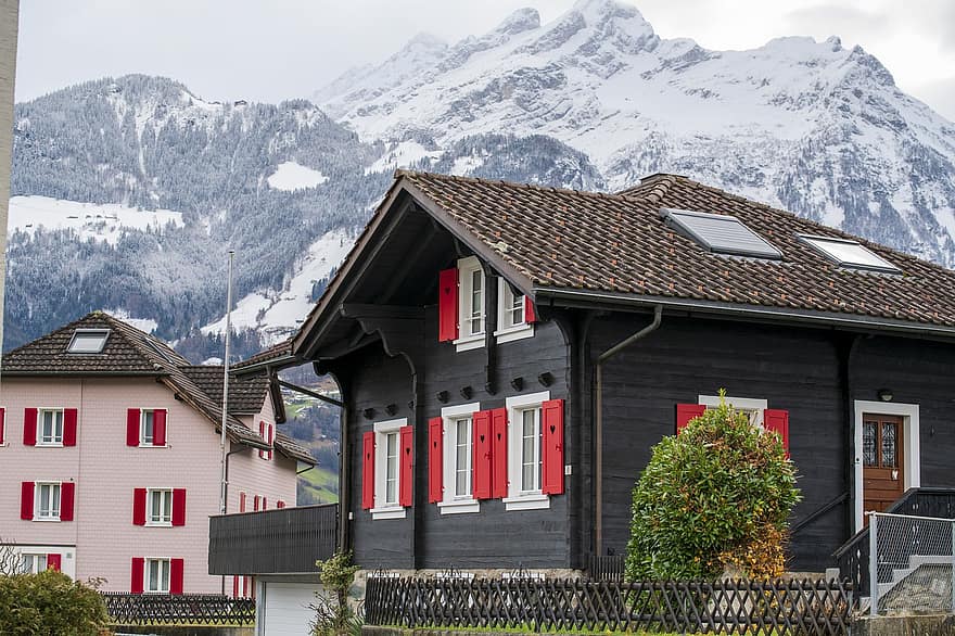 Houses, Hills, Village, Town, Switzerland, Winter