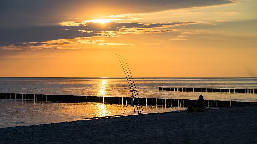 Sunset, Sea, Coast, Breakwater, Fishing Rod, Fisherman, Silhouette, Sun, Sunlight, Beach, Water