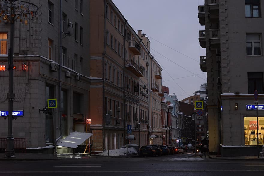 Москва, улица, град, път, зима, вечер, светлини, Русия, сгради, център, градски