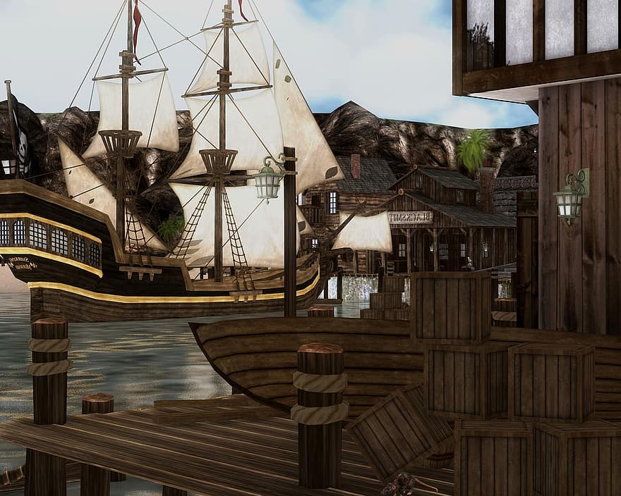pirat, Piratlandsby, swashbuckler, landsby, hav, rejse, båd, ocean, marinemaleri, skib, kyst
