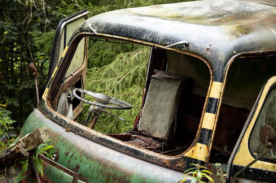 放棄された車、自動車事故、がらくた車、森林、森の中、田舎