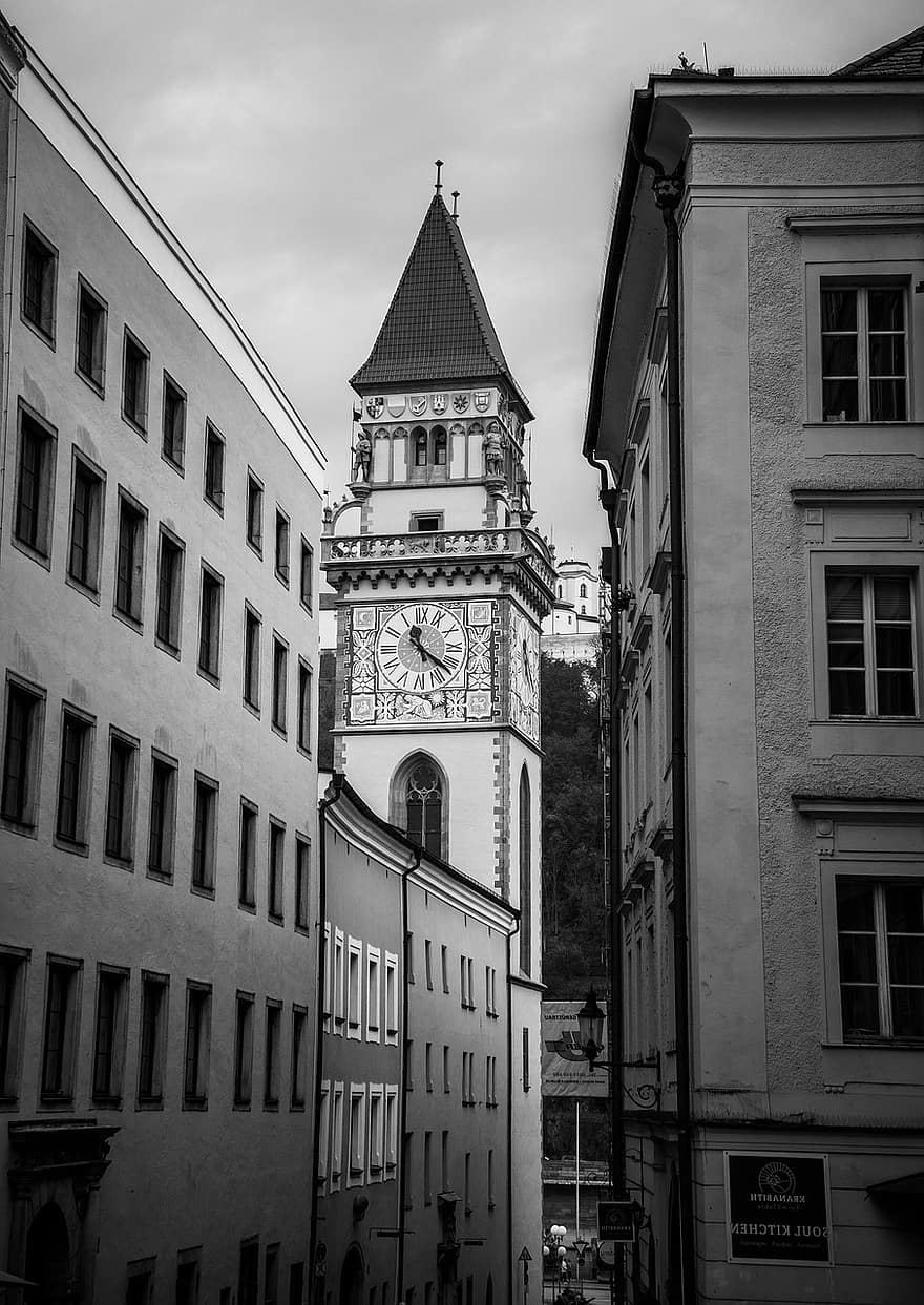 Torre, orologio a torre, punto di riferimento, torre della città, architettura, Passau, Baviera, Bassa Baviera, Germania, turismo, viaggiare