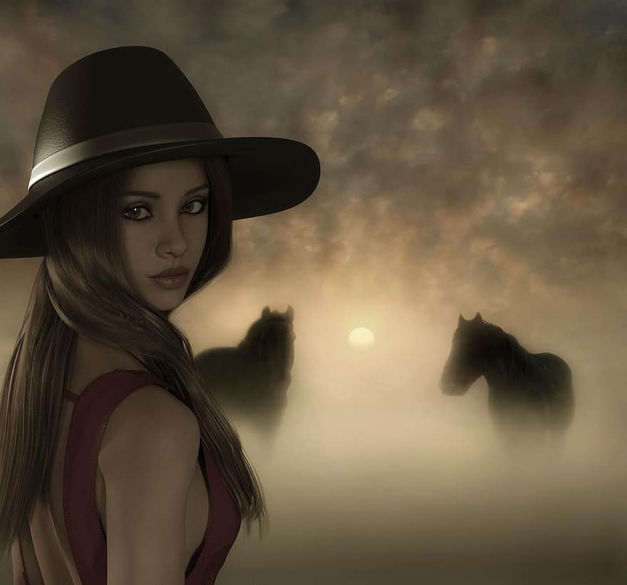 kvinna, fantasi, hästar, 3d fantasi, 3d rendering, dimma, dröm, magisk, vacker kvinna, attraktiv kvinna
