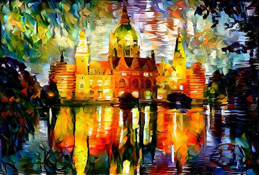 pintura al óleo, Art º, naturaleza, agua, castillo, reflexión, paisaje, arquitectura, multi color, lugar famoso, ilustración