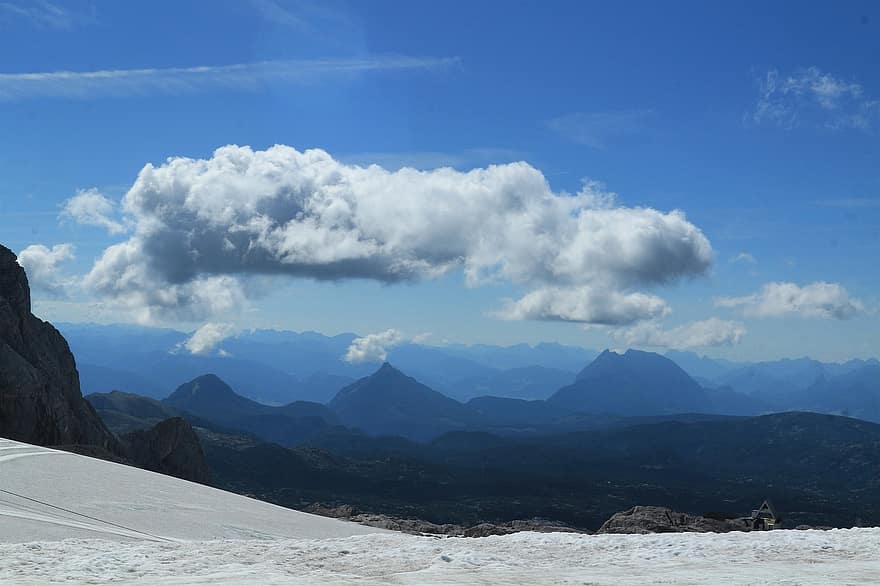 Ciao Dachstein, Austria, montagne, paesaggio, ghiacciaio del Dachstein, la neve, stazione sciistica, Alpi, paesaggio di montagna, panorama, nuvole