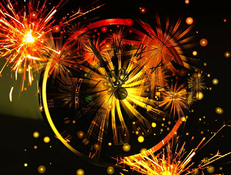 Clock, Pointer, Twelve, New Year's Day, New Year's Eve, Fireworks
