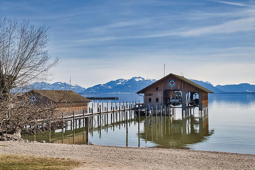Lake, Boardwalk, Boat House, Dock, Pier, Reflection, Water Reflection, Alps, Alpine, Mountains, Chiemsee