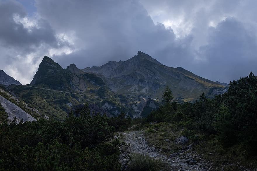 Mountains, Peak, Landscape, Muttekopf, Tyrol, Austria, Summit, Trail, Rocky, Trees, Nature