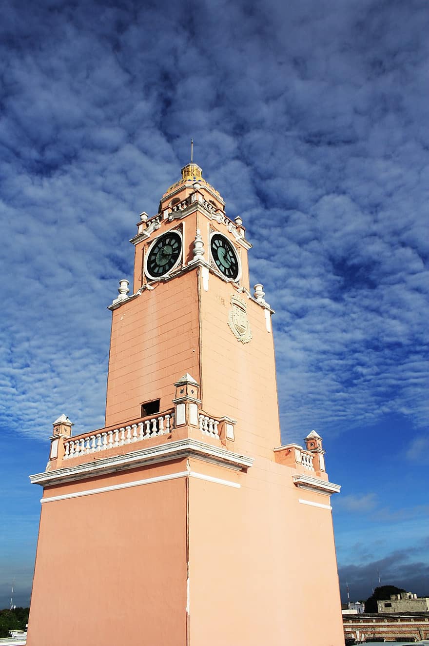 wieża zegarowa, Meksyk, architektura, chmury