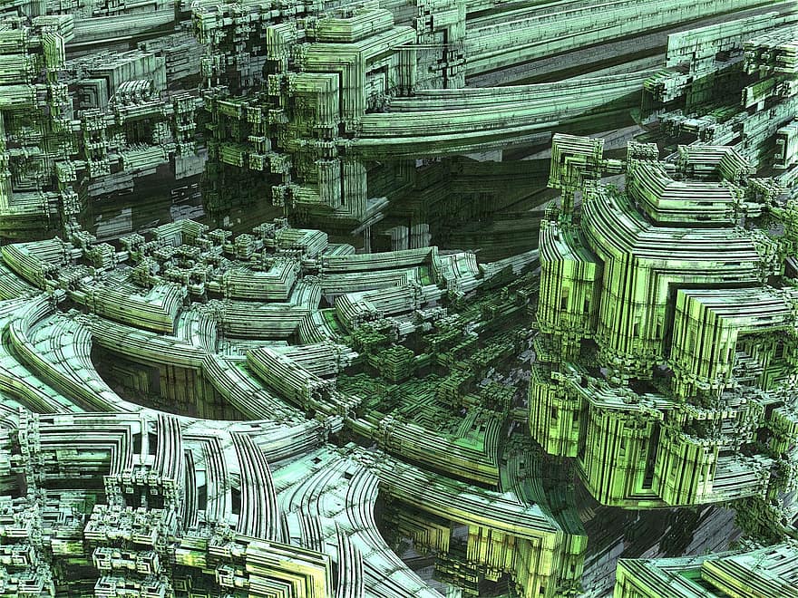 fractal, geven, stad, verval, ontwerp, modern, architectuur, 3d, groene stad