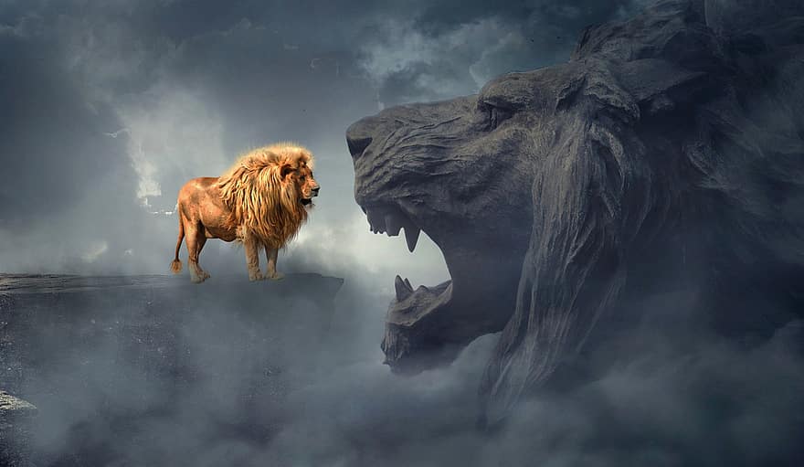 leoni, nebbia, fantasia, nuvole, mistico, rawr, animali, animali selvaggi, natura