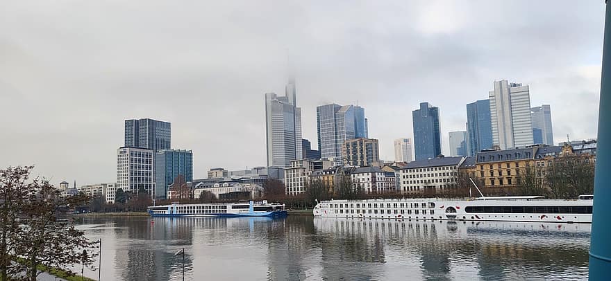 мост, река, сгради, град, Коледа, мъгла, дърво, пейзаж, Франкфурт, Германия, небостъргач