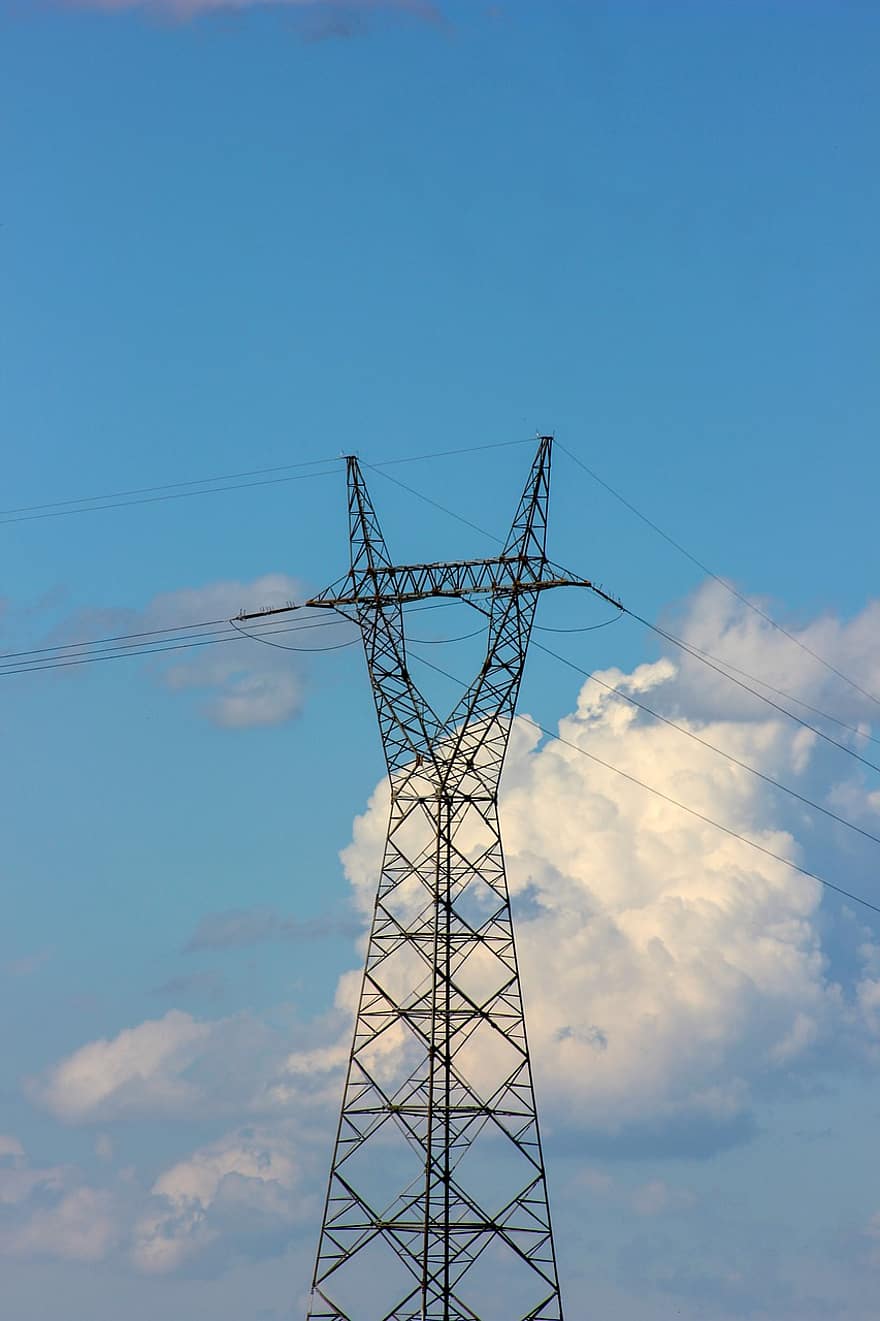 điện, những đám mây, năng lượng, cột điện, hiện hành, điện lực, bầu trời, strommast, hàng, cột buồm, củng cố