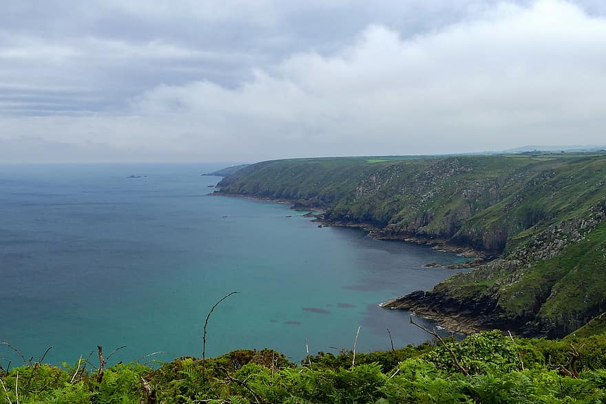 natuur, oceaan, reizen, exploratie, buitenshuis, Cornwall, Engeland, kustlijn, klif, water, blauw
