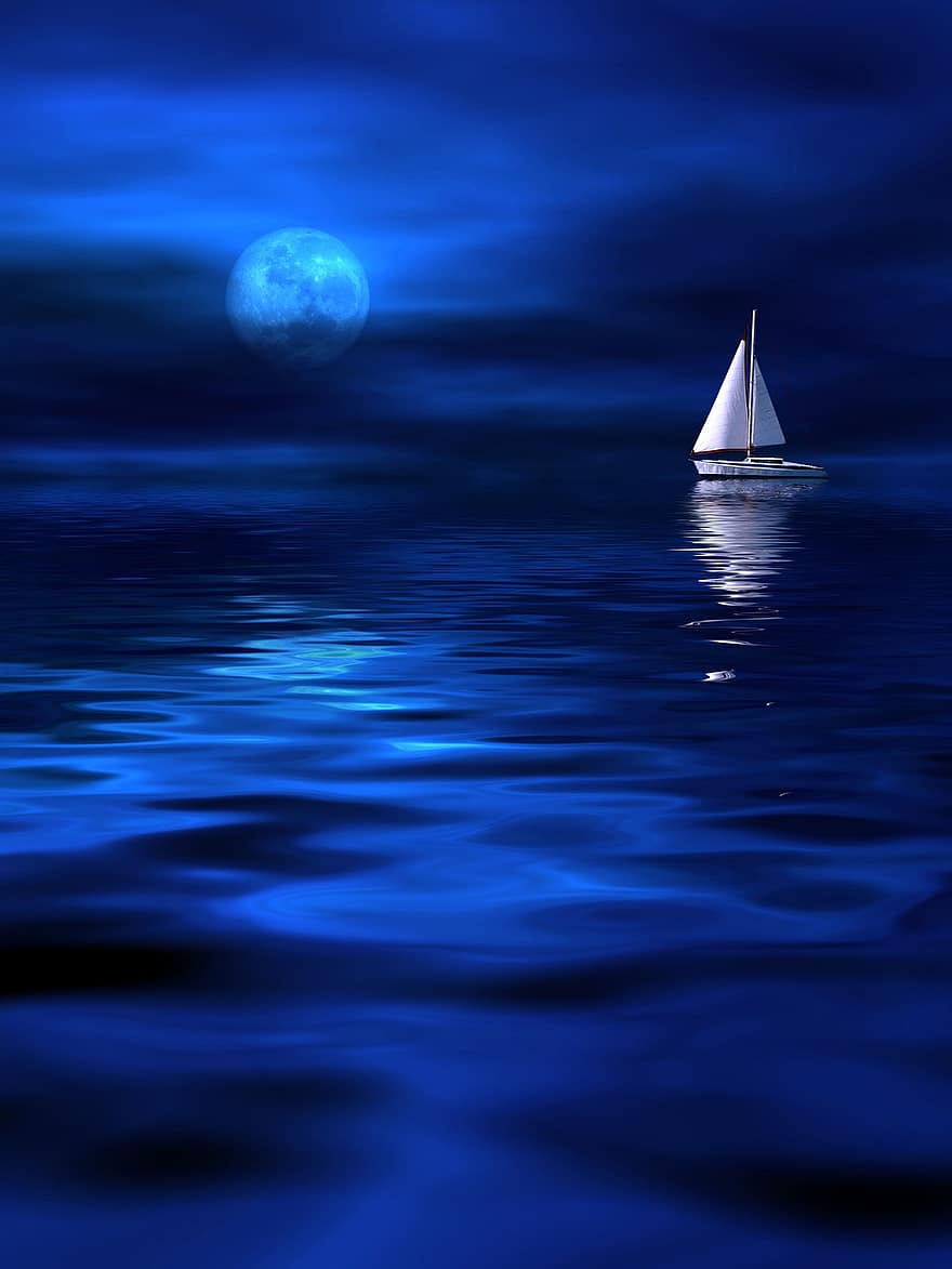 เรือใบ, ทะเลสาป, กลางคืน, ตอนเย็น, ดวงจันทร์, เรือ, การเดินเรือ, การสะท้อน, น้ำ, มหาสมุทร, ทะเล