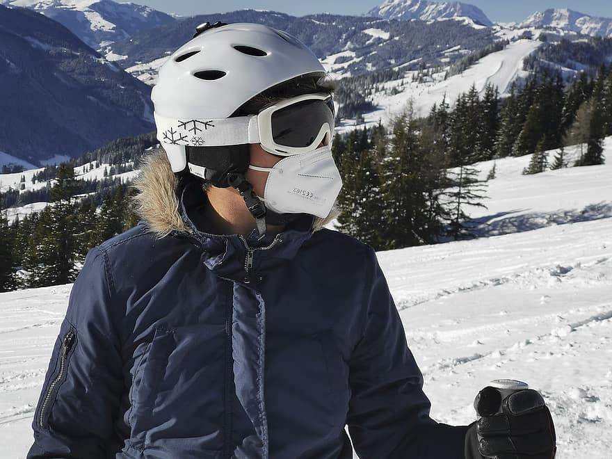 esquiador, inverno, esquiar, máscara falsa, protetor bucal, neve