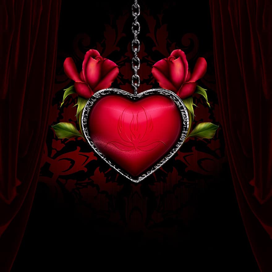 sirds, rozes, gotiskais, romantika, fona, mīlestība, simbols, sarkans, melns, damasks, laipni gaidīti