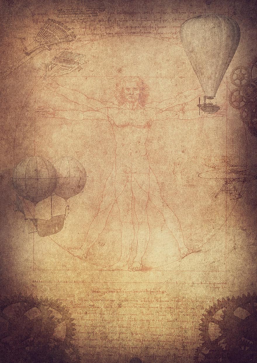 årgang, luftfart, oppfinnelser, Leonardo da Vinci, menneskelig, den vitruvianske mannen, steampunk, varmluftsballong, luftfartøy, gammel, maskiner