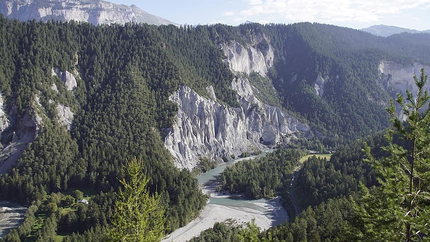 râul rin, munţi, Elveţia, Graubünden, Grisons, natură, Munte, peisaj, pădure, copac, călătorie