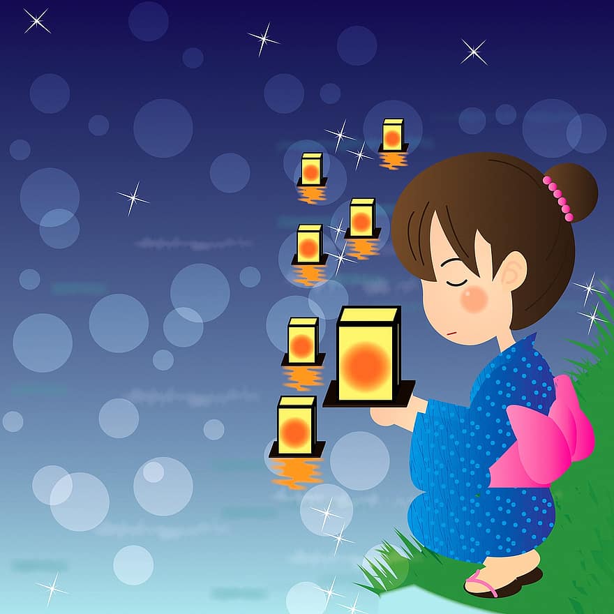 Japanse achtergrond, zwevende lantaarns, meisje, kimono, lantaarn, fee, mysterie, magie, maanlicht, fantasie, mysterieus
