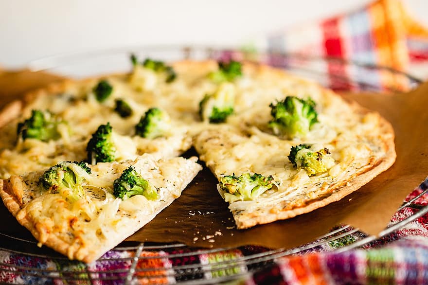 pizza, tarte flambée, broccoli, kaas, groenten, krokante, bakken, voedsel, voeding, vers, keuken-