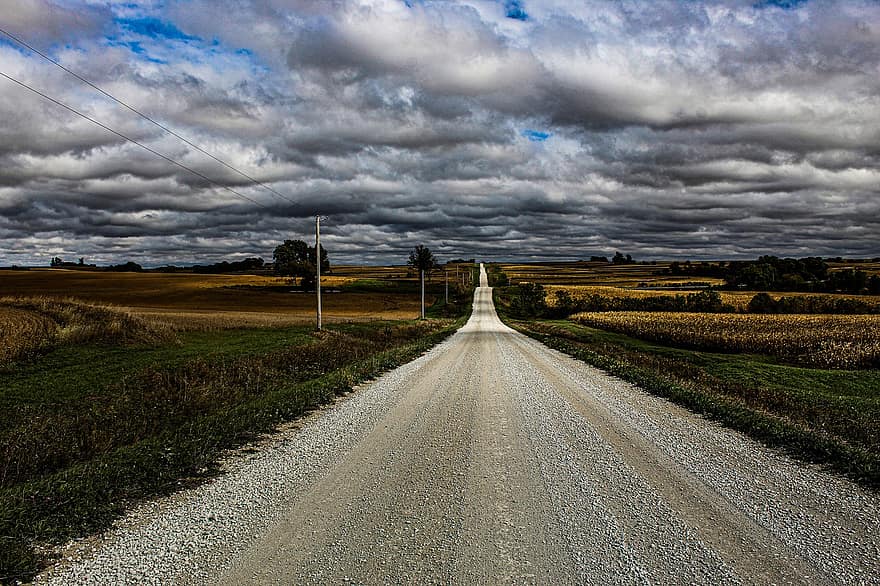 estrada, rua, Campos, prados, rural, pradaria, horizonte, nublado, nuvens, caminho, perspectiva