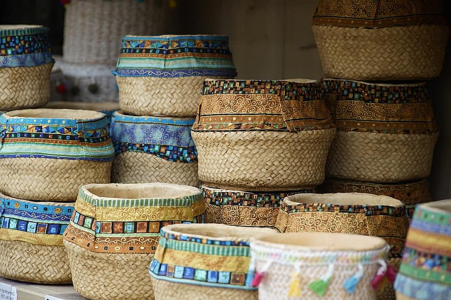 Market, Baskets, Pattern, Ethnic, cultures, craft, souvenir, textile industry, textile, multi colored, rug