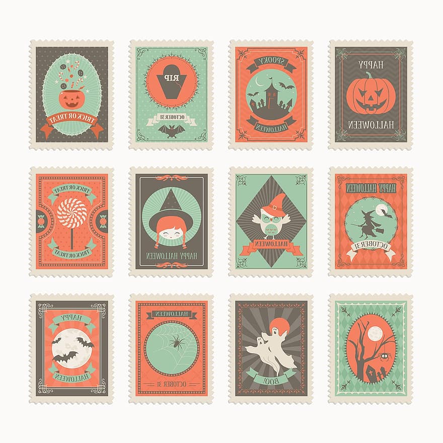 Halloween, segells, targeta de felicitació, segells antics, cintes, retro, barret de bruixa, enviar, segells de correus, col · lecció, fantasmal
