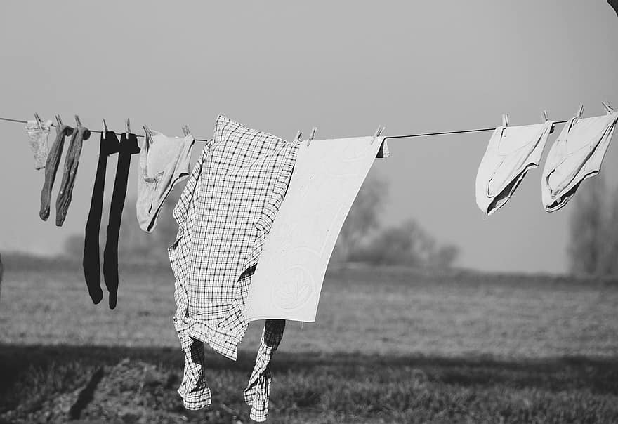 prádelna, prádelní šňůru, Zavěšení prádla, oděvní linie, oblečení, suché prádlo, venkov, kolíček, sušení, suchý, domácí práce