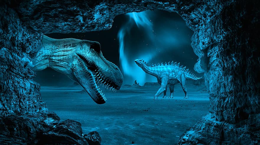 dinosaurios, noche, cueva, fantasía, stegosaurus, tiranosaurio, animales, reptiles, extinto, prehistórico, jurásico