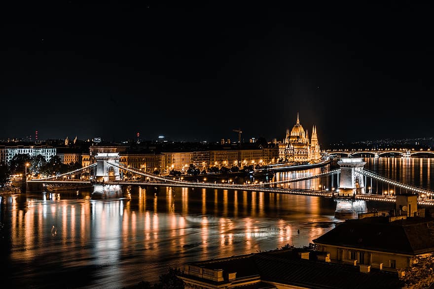 ponte, ponte de corrente, Budapeste, Hungria, parlamento, arquitetura, cidade, destino, noite, reflexão, ponto de referência