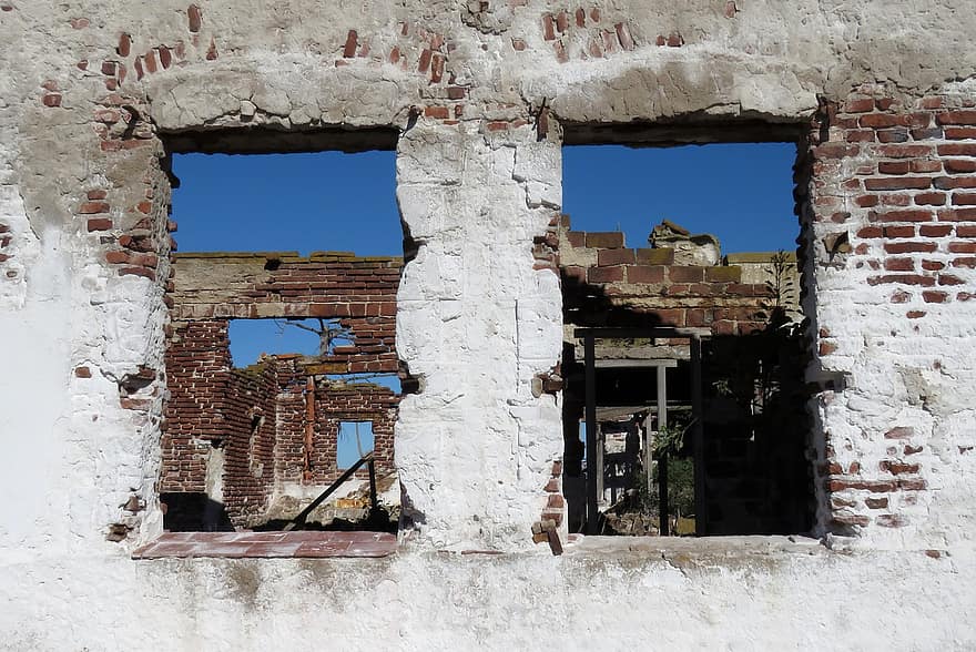 ruïnes, abandonat, finestres, edifici, paret