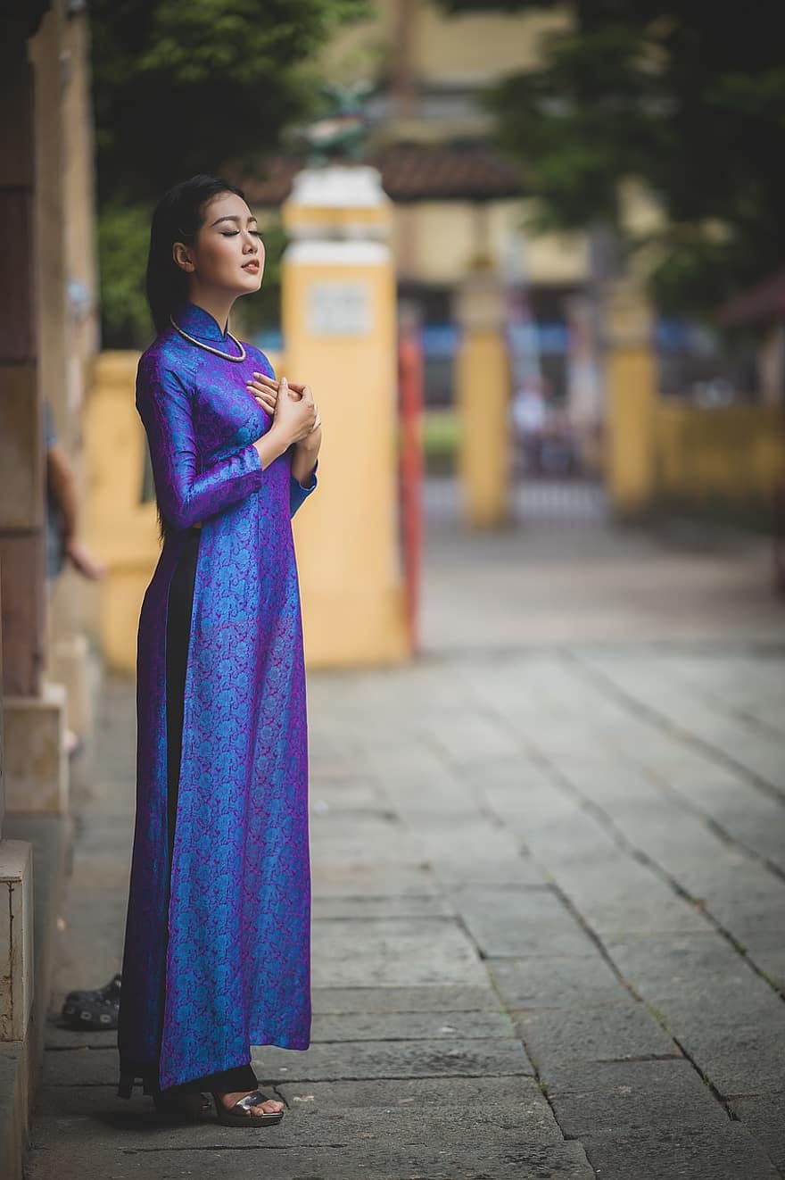 ao dai, divat, nő, vietnami, Vietnami nemzeti ruha, hagyományos, szépség, szép, lány, póz, modell