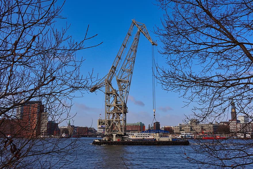 Hamburg, elbe řeka, plovoucí jeřáb, přístav, jeřáb, stavební stroje, Lodní doprava, přeprava, námořní plavidlo, průmysl, komerční přístaviště