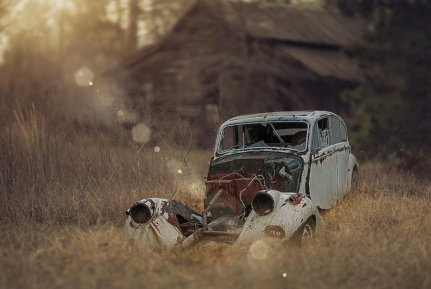 mobil tua, membatalkan, padang rumput, sinar matahari, kecelakaan, ditinggalkan, oldtimer, retro, vintage, nostalgia, tua