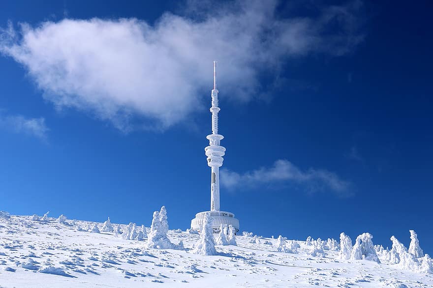 冬、山、タワー、ジェセニク、自然、チェコ共和国、青、雪、建築、氷、有名な場所