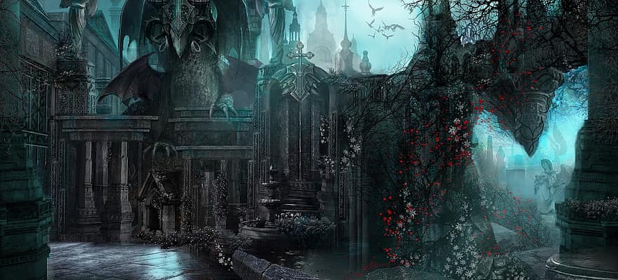 Fantasy, Cemetery, Crypt, Tomb, Dragon, Artwork, Painting, spooky, architecture, old, religion