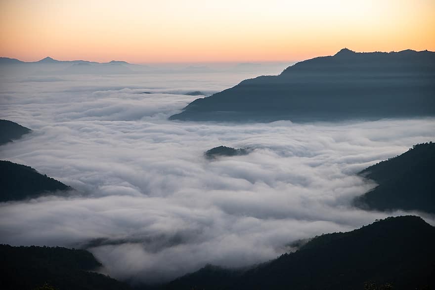 Pokhara, Berge, Wolken, Sonnenaufgang, Dämmerung, Himmel, Gipfel, Hügel, Gebirge, Landschaft, Natur