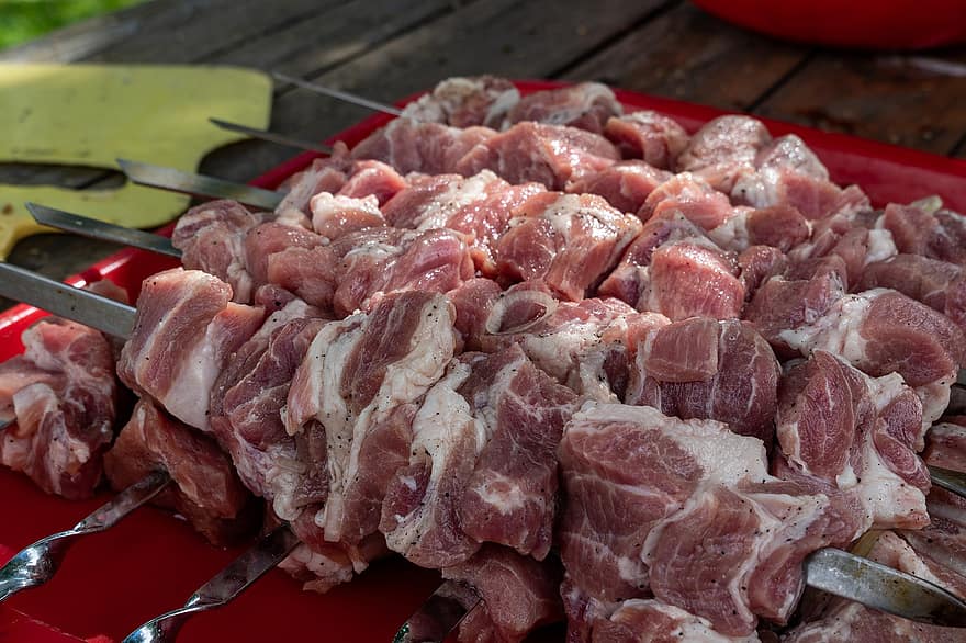 お肉、生、タンパク質、シシカバブ、フード、豚肉、鮮度、閉じる、料理、グルメ、食事