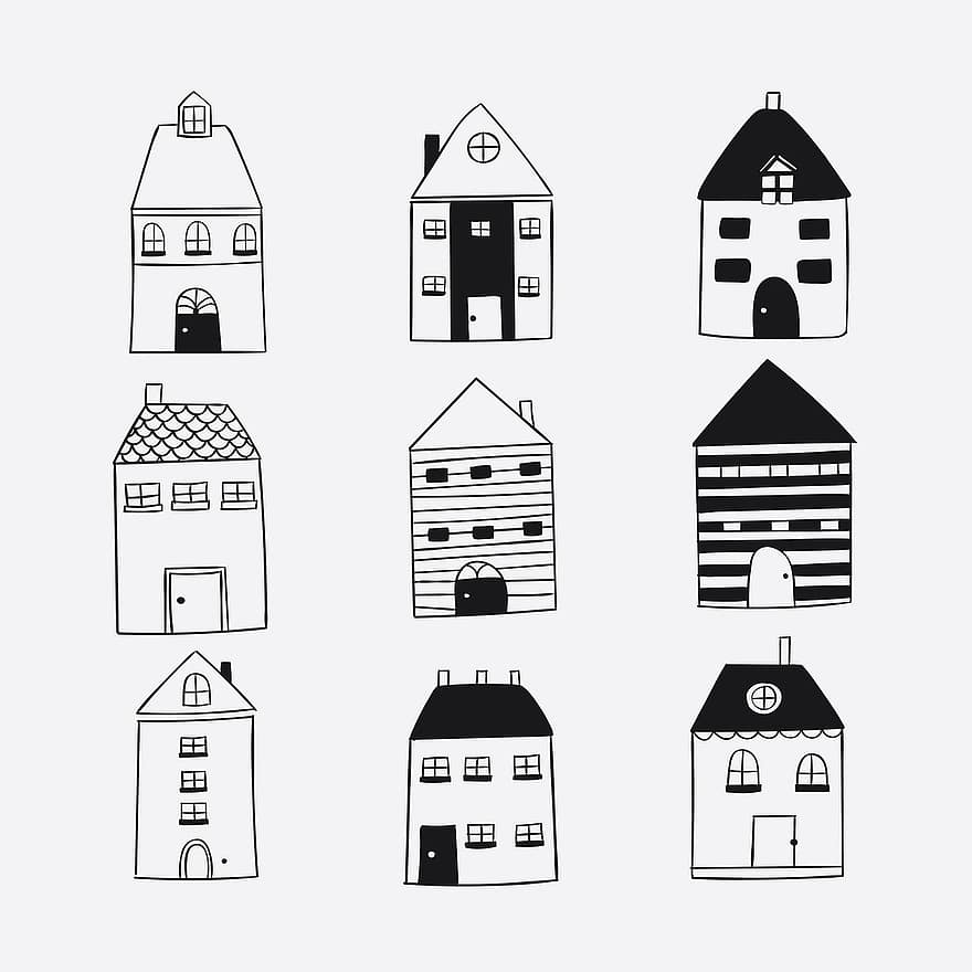ev, bina, ikon, düz, etiket, aile, eleman, dizayn, elle çizilmiş, Sanat, arka fon