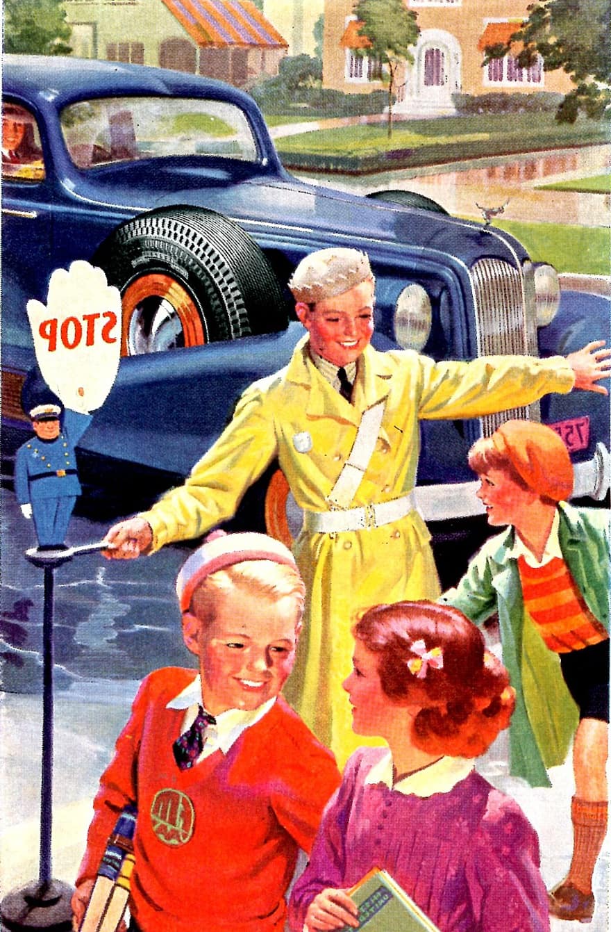 bērniem, retro, skolā, šķērsošana, apstāties, drošību, 1950. gadu stils, portrets, gudrs, brālis, māsa
