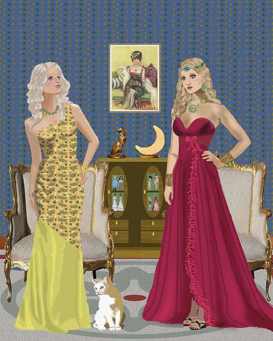 kaksi mallia, kauniit naiset, huonekalut, Kauniit mekot, Blondit mallit