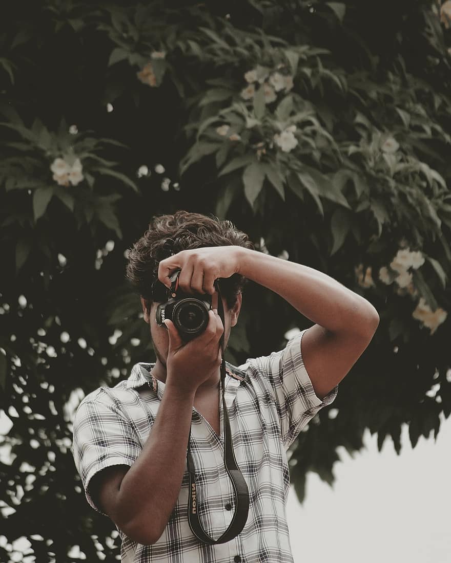 homem, fotógrafo, Câmera, câmera slr, trabalhos, trabalhando, fotografia, indiano